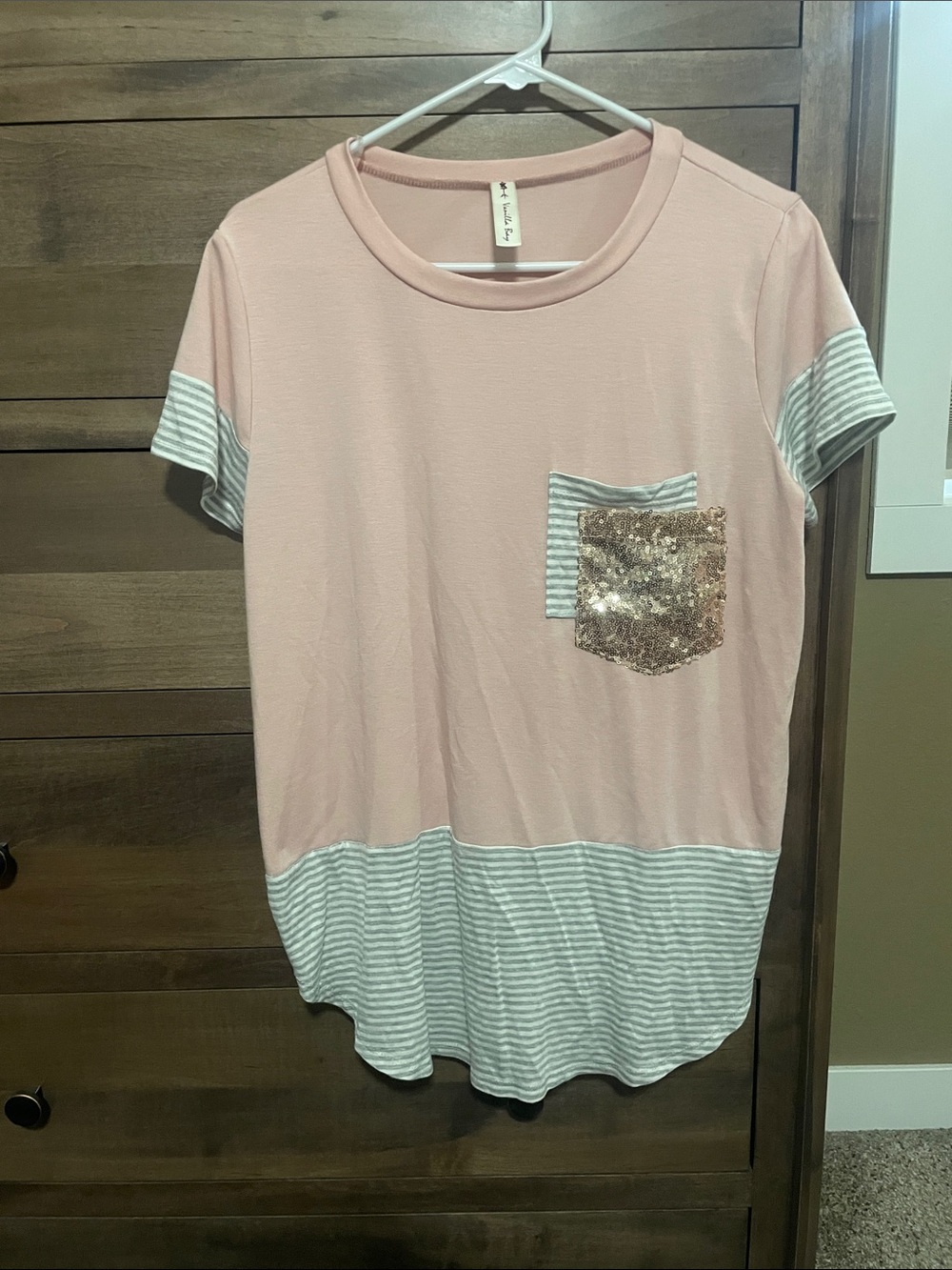 Vanilla Bay Pink Tee with Striped Hem and Sequin Pocket
